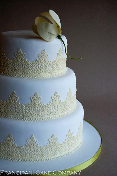 Vintange White And Yellow Wedding Cake With Edible Sweet Lace - Cake by Frangipani Cake Company