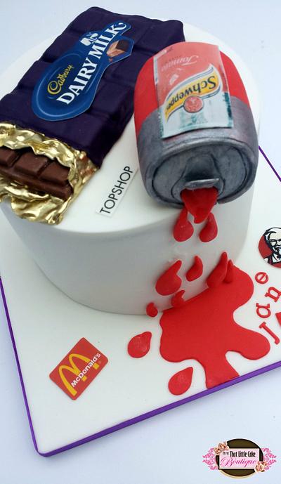 Dairy Milk, Schweppes Tomato Juice and a lot of Logos!  - Cake by Jerri