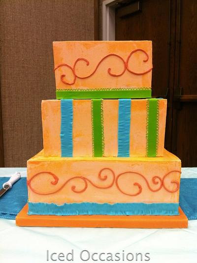 Terra Cotta, Aqua, Lime Green Wedding Cake - Cake by Morgan