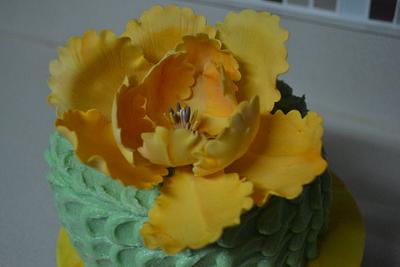 orange fantasy flower on green petal cake  - Cake by Cakesbylala