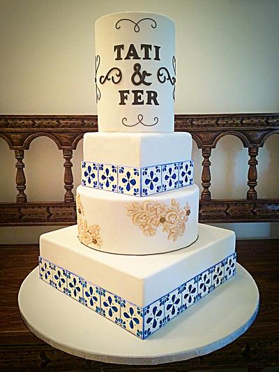 Spanish Azulejo & Lace Wedding Cake - Cake by Cristi