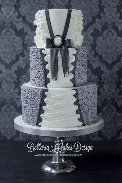 3 tier corset cake with cornelli lace and ruffles - Cake by Bellaria Cake Design 