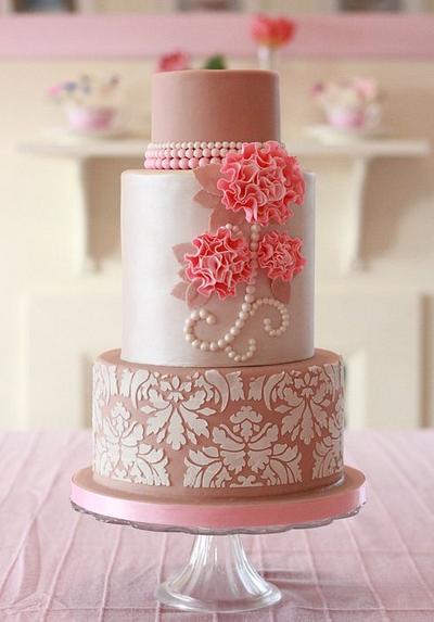 Ecru, Pearls, Damask and Ruffle Flowers - Cake by Clabby