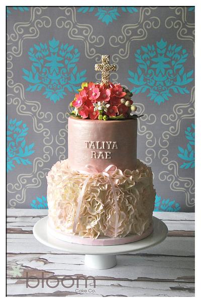 Baptism cake w/rosette ruffles and sugar paste hydrangea bouquet - Cake by BloomCakeCo