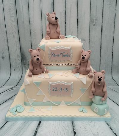 Cute teddies Christening cake  - Cake by nottmcakes