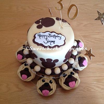Hubbys birthday cake with pug cupcakes (tutorial by shereen from shereens cakes and bakes) - Cake by Amy Archibald