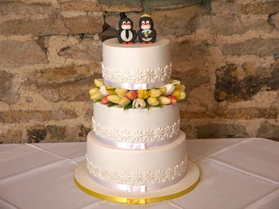 Tulip and Penguin Wedding Cake! - Cake by Natalie King