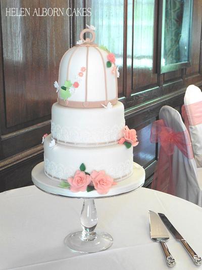 Coral and lace birdcage wedding cake  - Cake by Helen Alborn  