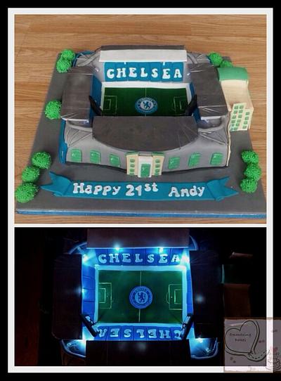 Stamford bridge Chelsea football stadium cake with 'floodlights' - Cake by Emmazing Bakes