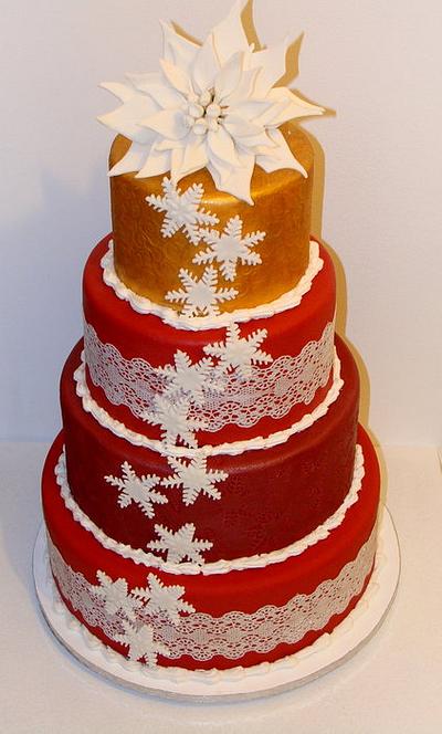 Red, Burgundy, Gold Christmas cake with white Ponsettia flower - Cake by Isis Patiss'Cake
