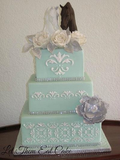 Stencilled Cake with horses and sugar flowers - Cake by Claire North