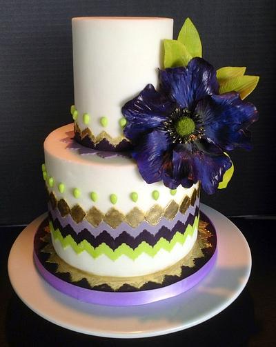 Purple, gold and Green Chevron cake with Purple fantasy flower. - Cake by The Vagabond Baker