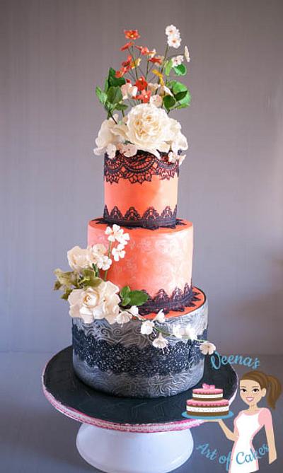 Coral Lace Wedding  - Cake by Veenas Art of Cakes 