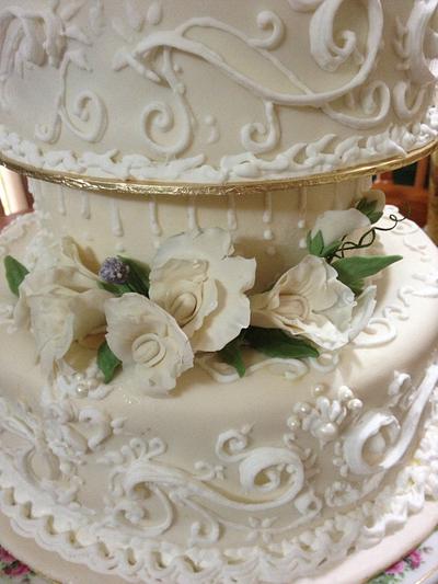 Wedding cake with fondant flowers and scrolls - Cake by sjewel