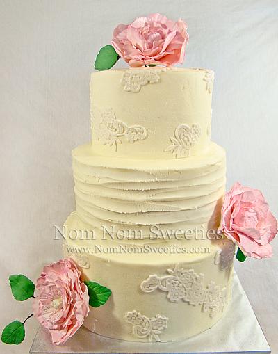 Lace and Peony Wedding Cake - Cake by Nom Nom Sweeties