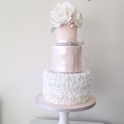 ruffles & roses wedding cake in ivory and blush  - Cake by Bethany - The Vintage Rose Cake Company