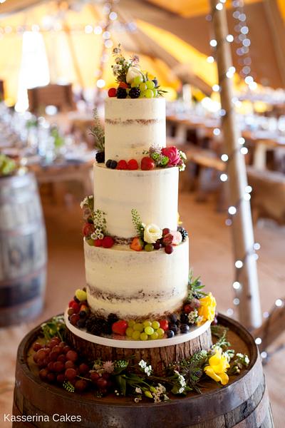 Semi naked wedding cake with fresh fruit and flowers - Cake by Kasserina Cakes