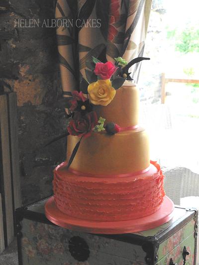 Gold and Coral wedding cake - Cake by Helen Alborn  
