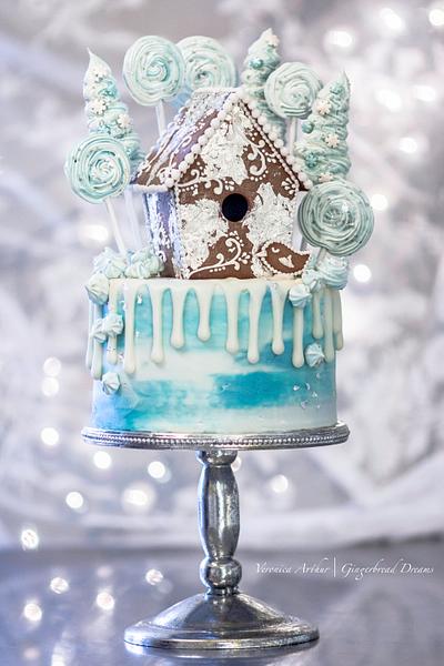 Blue Gingerbread Birdhouse Drip Cake - Cake by Veronica Arthur | The Butterfly Bakeress 