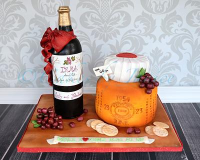 Wine bottle and cheese wheel cake - Cake by Cakes by Janice