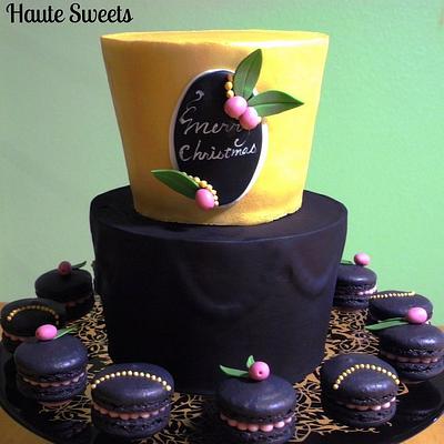 Black and gold Christmas cake and macarons - Cake by Hiromi Greer