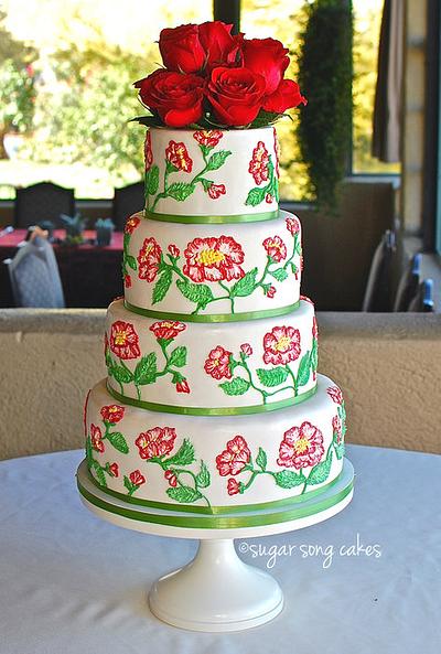 Red Garden Rose Brush Embroidery Wedding Cake - Cake by lorieleann