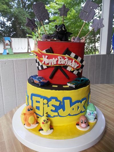 Pokemon, Hot Wheels, and Dragons!  - Cake by Alicea Norman