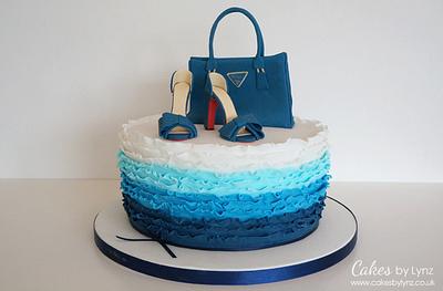 Blue Ruffle Cake with a Bag & Shoes - Cake by CakesbyLynz