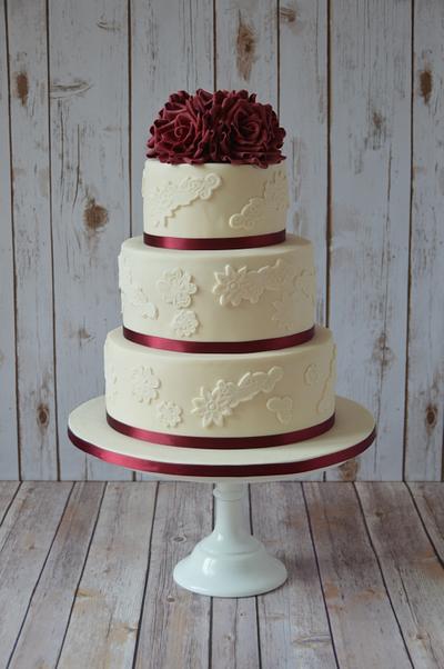 Ivory & Maroon lace applique roses - Cake by Claire Davey - Cake Daydreamss