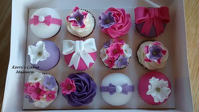 Pink & purple flowers & bows birthday cupcakes  - Cake by Kerri's Cakes