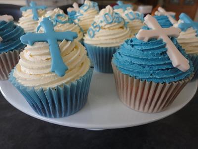baby boy blue cross christening cupcakes - Cake by Krumblies Wedding Cakes