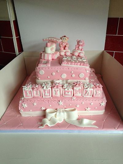 Baby girl's Christening cake with cute train and baby! - Cake by Polliecakes