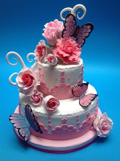 pink roses and butterfly - Cake by Maria  Teresa Perez