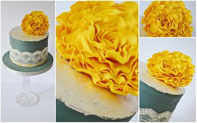 yellow and charcoal grey/gray ruffle rose silver leaf and lace cake - Cake by Krumblies Wedding Cakes