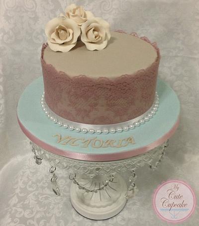 Vintage Birthday Cake- Lace & Pearls with Ivory sugar roses - Cake by My Cute Cupcake