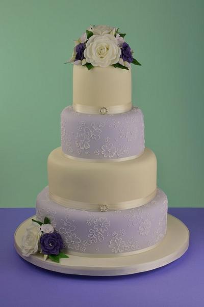 Lilac and Ivory piped lace and sugar flowers wedding cake. - Cake by Sandra Monger