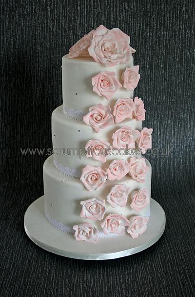 Pink Sugar Rose Cascade Wedding Cake - Cake by Scrumptious Cakes