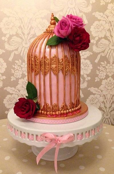 Golden vintage birdcage with Roses  - Cake by Samantha clark 