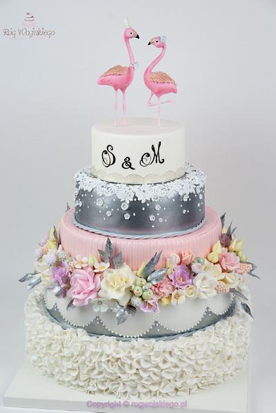Flamingo wedding cake / tort weselny z flamingami - Cake by Edyta rogwojskiego.pl