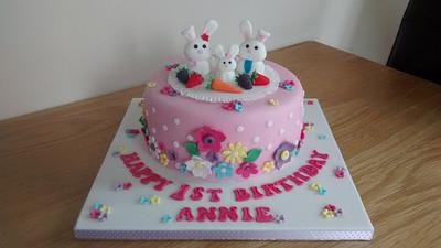 1st Birthday cake with bunnies & flowers x - Cake by Kerri's Cakes