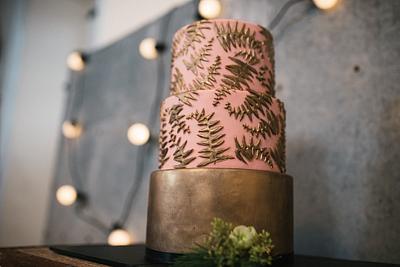 Pink and copper cake with ferns - Cake by Happyhills Cakes