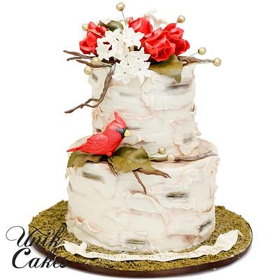 Birch tree stump cake with cardinal and red roses - Cake by Masha Lipkovsky