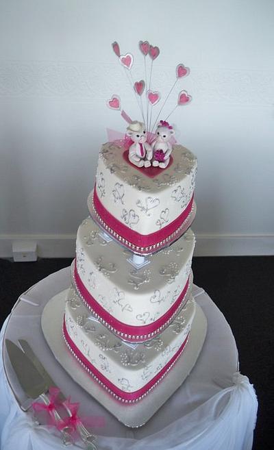 silver hearts and hot pink ribbon with teddy bear cake topper - Cake by elisabethscakes