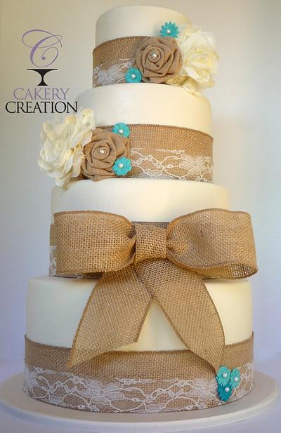 Burlap and lace wedding cake - Cake by Cakery Creation Liz Huber