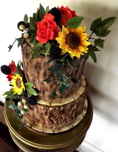 Rustic Tree Bark Cake, With Sunflowers, Blackberries & Roses x - Cake by Storyteller Cakes