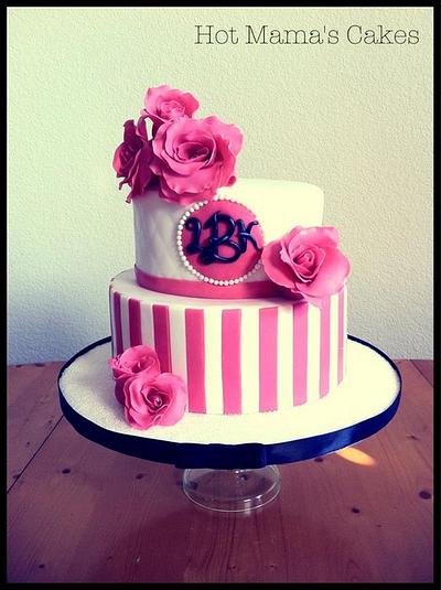 Pink stripes and Roses wedding - Cake by Hot Mama's Cakes