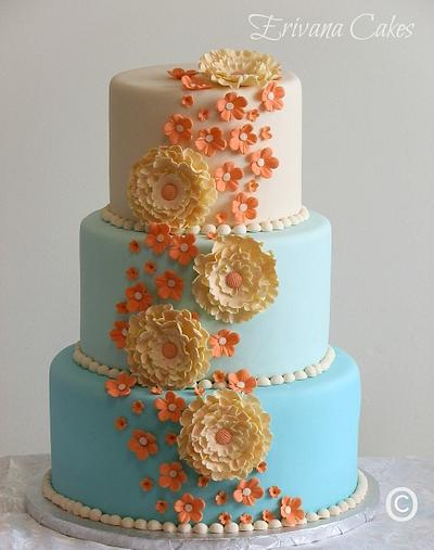 Tiffany Blue and Coral Wedding Cake - Cake by erivana