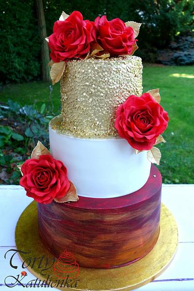 Gold-red Cake with roses - Cake by Torty Katulienka