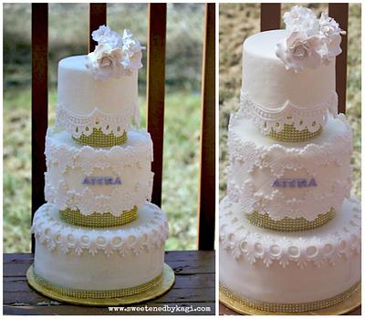 White and Gold with lace details - Cake by Sweetened by Kagi