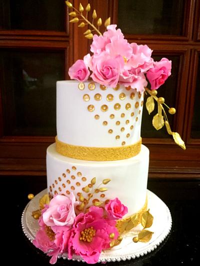 White cake with gold sequins,pink peonies and roses - Cake by cakestudiobymeena
